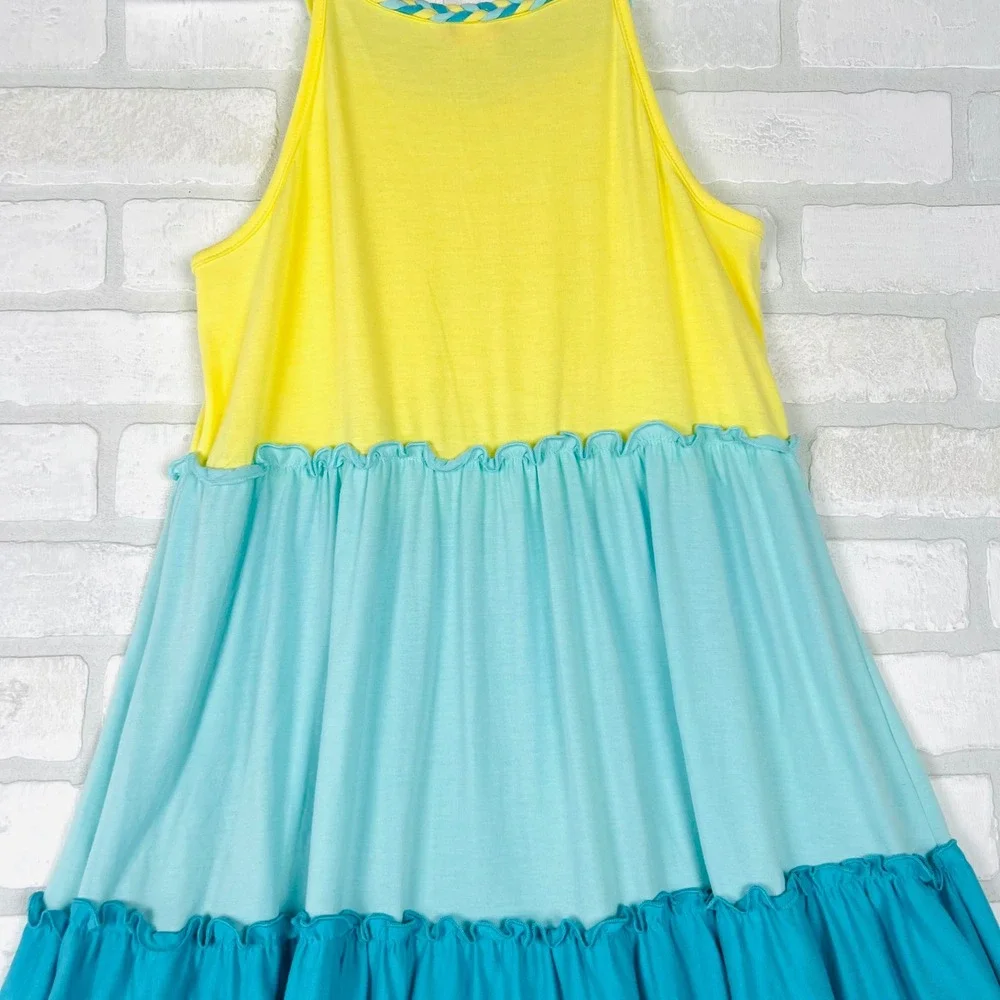 Zunie Girl Kids XL 14/16 Yellow Blue Tiered Colorblock Braided Strap Dress